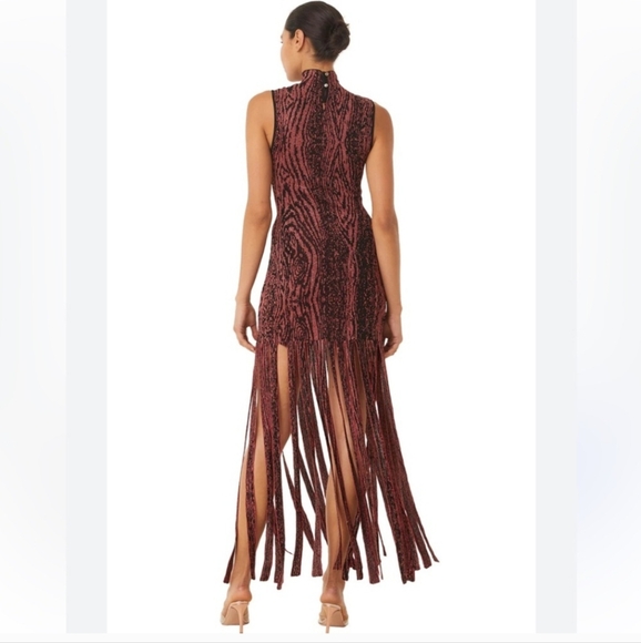 Misa Los Angeles Red & Black Sparkle Sheath Dress- Mock Neck & Fringe Maxi - Picture 3 of 6